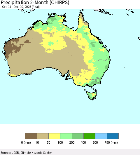 Australia Precipitation 2-Month (CHIRPS) Thematic Map For 10/11/2023 - 12/10/2023