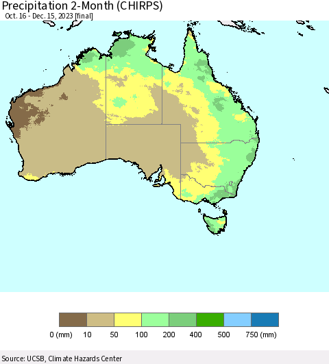 Australia Precipitation 2-Month (CHIRPS) Thematic Map For 10/16/2023 - 12/15/2023