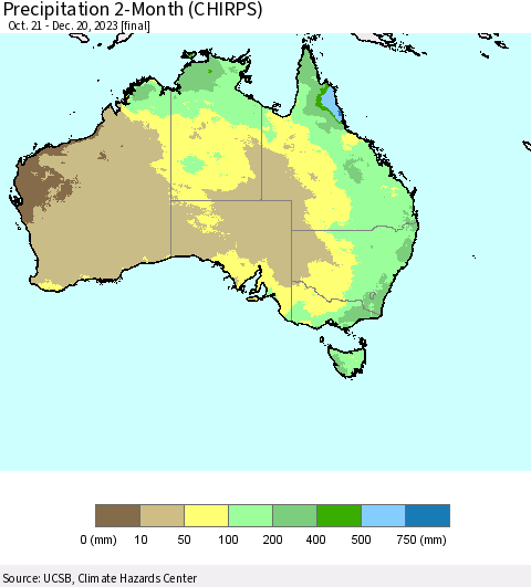 Australia Precipitation 2-Month (CHIRPS) Thematic Map For 10/21/2023 - 12/20/2023