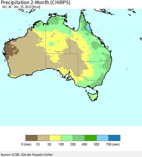 Australia Precipitation 2-Month (CHIRPS) Thematic Map For 10/26/2023 - 12/25/2023