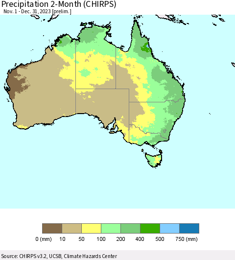 Australia Precipitation 2-Month (CHIRPS) Thematic Map For 11/1/2023 - 12/31/2023