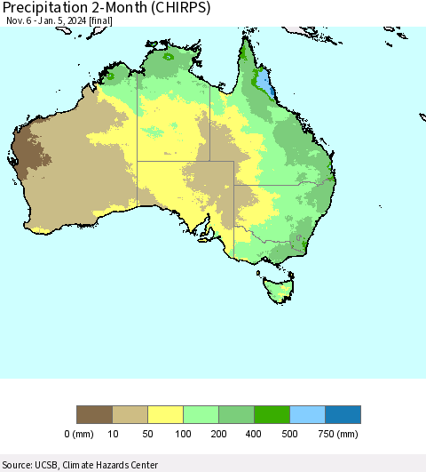 Australia Precipitation 2-Month (CHIRPS) Thematic Map For 11/6/2023 - 1/5/2024