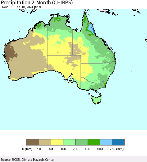Australia Precipitation 2-Month (CHIRPS) Thematic Map For 11/11/2023 - 1/10/2024