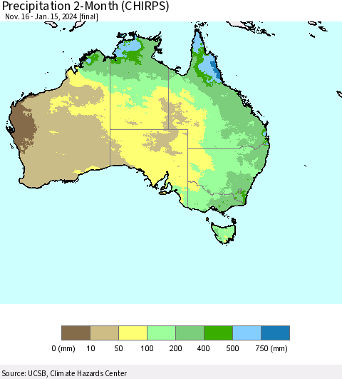 Australia Precipitation 2-Month (CHIRPS) Thematic Map For 11/16/2023 - 1/15/2024