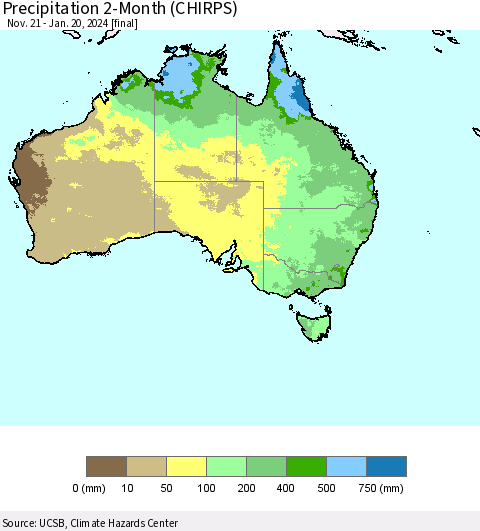 Australia Precipitation 2-Month (CHIRPS) Thematic Map For 11/21/2023 - 1/20/2024