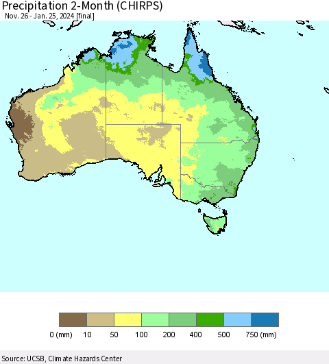 Australia Precipitation 2-Month (CHIRPS) Thematic Map For 11/26/2023 - 1/25/2024