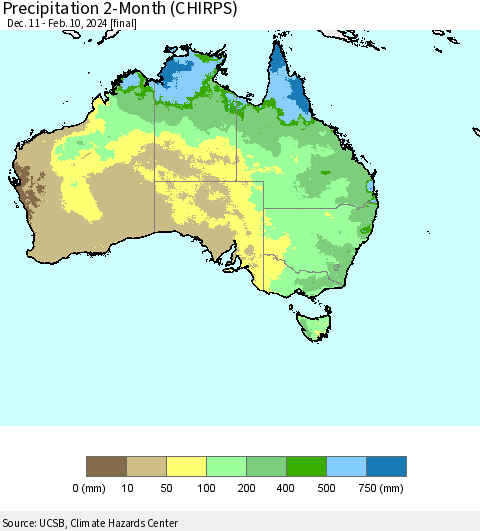 Australia Precipitation 2-Month (CHIRPS) Thematic Map For 12/11/2023 - 2/10/2024