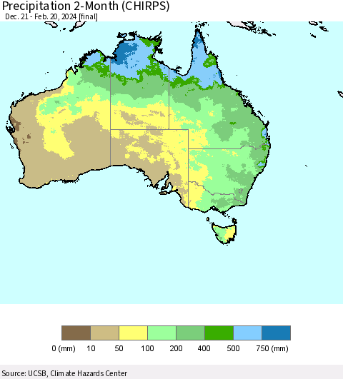 Australia Precipitation 2-Month (CHIRPS) Thematic Map For 12/21/2023 - 2/20/2024