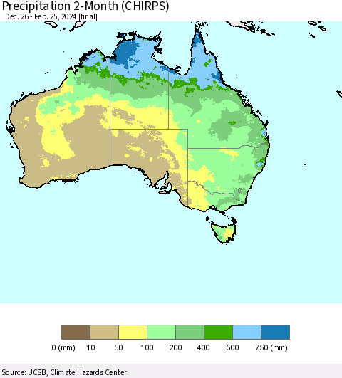 Australia Precipitation 2-Month (CHIRPS) Thematic Map For 12/26/2023 - 2/25/2024