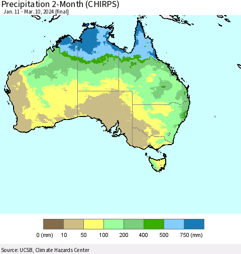 Australia Precipitation 2-Month (CHIRPS) Thematic Map For 1/11/2024 - 3/10/2024