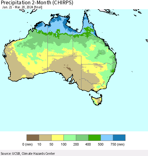 Australia Precipitation 2-Month (CHIRPS) Thematic Map For 1/21/2024 - 3/20/2024