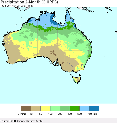 Australia Precipitation 2-Month (CHIRPS) Thematic Map For 1/26/2024 - 3/25/2024