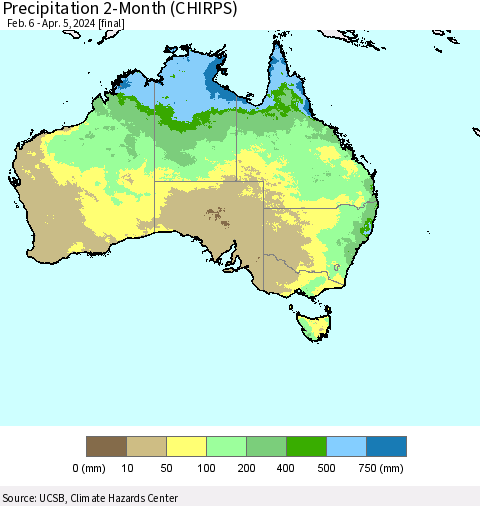 Australia Precipitation 2-Month (CHIRPS) Thematic Map For 2/6/2024 - 4/5/2024