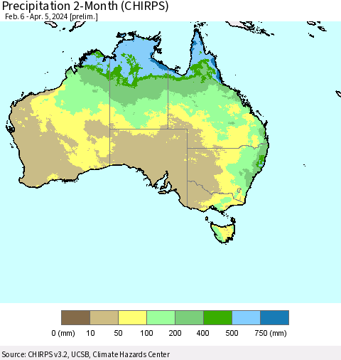 Australia Precipitation 2-Month (CHIRPS) Thematic Map For 2/6/2024 - 4/5/2024