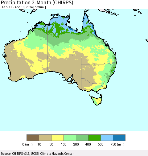 Australia Precipitation 2-Month (CHIRPS) Thematic Map For 2/11/2024 - 4/10/2024