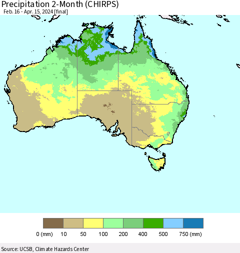 Australia Precipitation 2-Month (CHIRPS) Thematic Map For 2/16/2024 - 4/15/2024