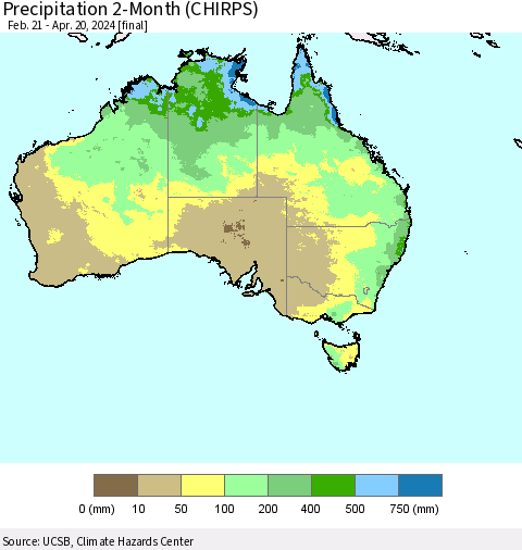 Australia Precipitation 2-Month (CHIRPS) Thematic Map For 2/21/2024 - 4/20/2024