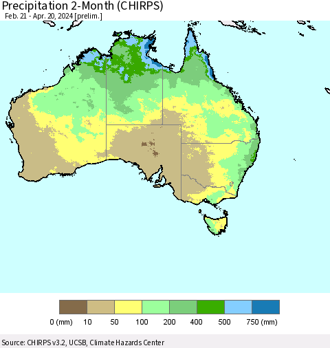 Australia Precipitation 2-Month (CHIRPS) Thematic Map For 2/21/2024 - 4/20/2024