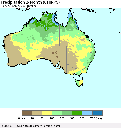 Australia Precipitation 2-Month (CHIRPS) Thematic Map For 2/26/2024 - 4/25/2024
