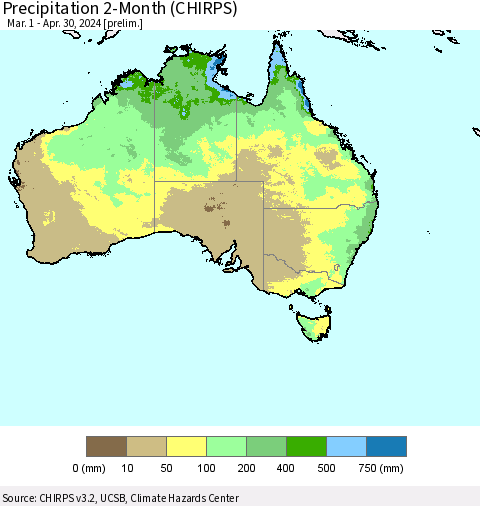 Australia Precipitation 2-Month (CHIRPS) Thematic Map For 3/1/2024 - 4/30/2024