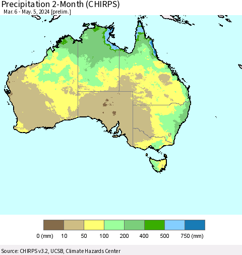 Australia Precipitation 2-Month (CHIRPS) Thematic Map For 3/6/2024 - 5/5/2024