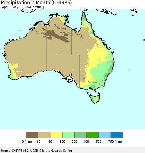 Australia Precipitation 2-Month (CHIRPS) Thematic Map For 4/1/2024 - 5/31/2024