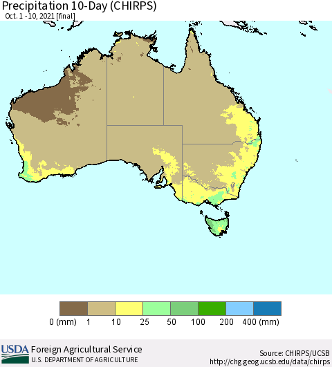 Australia Precipitation 10-Day (CHIRPS) Thematic Map For 10/1/2021 - 10/10/2021