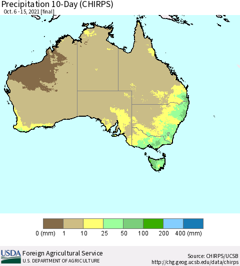 Australia Precipitation 10-Day (CHIRPS) Thematic Map For 10/6/2021 - 10/15/2021