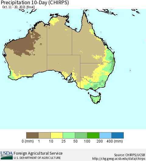 Australia Precipitation 10-Day (CHIRPS) Thematic Map For 10/11/2021 - 10/20/2021
