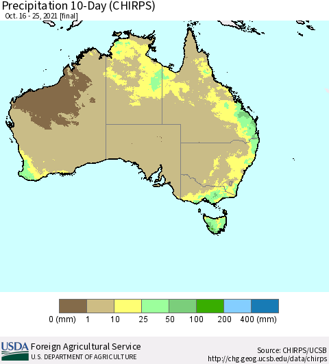 Australia Precipitation 10-Day (CHIRPS) Thematic Map For 10/16/2021 - 10/25/2021