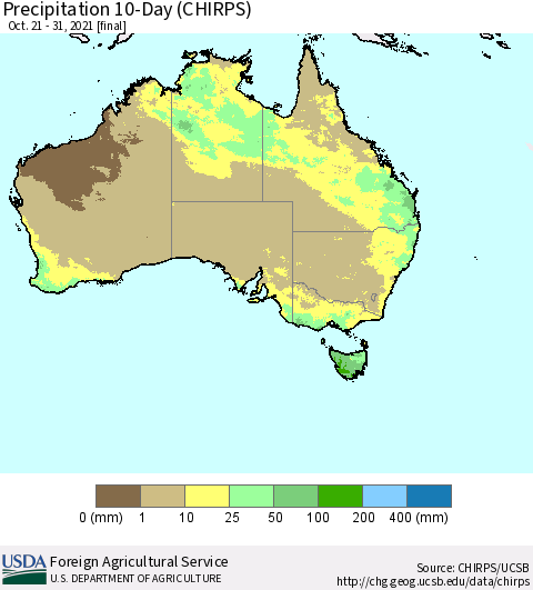 Australia Precipitation 10-Day (CHIRPS) Thematic Map For 10/21/2021 - 10/31/2021