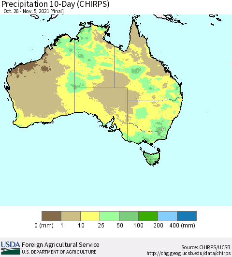 Australia Precipitation 10-Day (CHIRPS) Thematic Map For 10/26/2021 - 11/5/2021