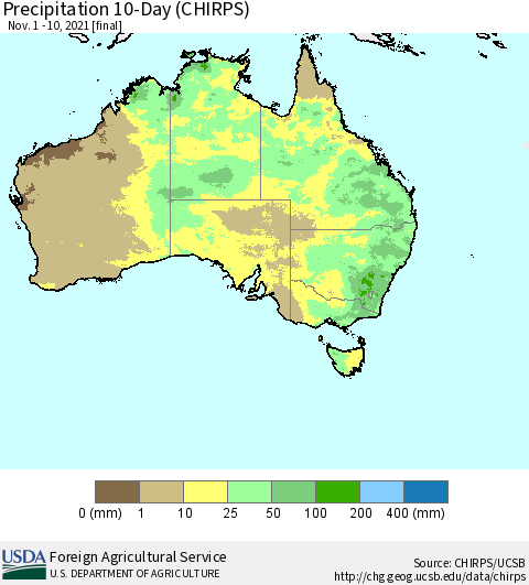 Australia Precipitation 10-Day (CHIRPS) Thematic Map For 11/1/2021 - 11/10/2021