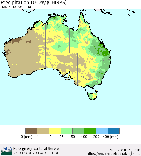 Australia Precipitation 10-Day (CHIRPS) Thematic Map For 11/6/2021 - 11/15/2021