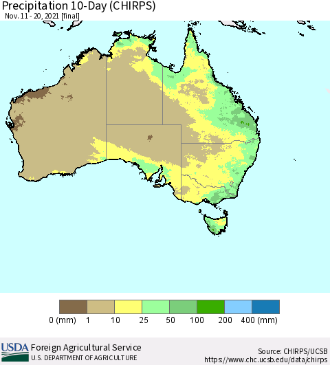 Australia Precipitation 10-Day (CHIRPS) Thematic Map For 11/11/2021 - 11/20/2021