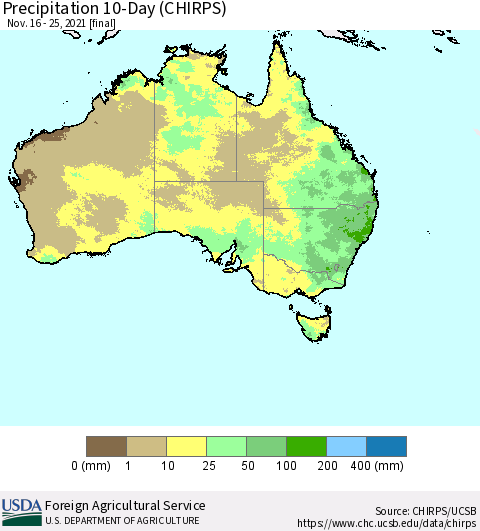Australia Precipitation 10-Day (CHIRPS) Thematic Map For 11/16/2021 - 11/25/2021