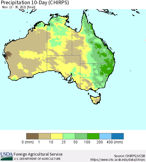 Australia Precipitation 10-Day (CHIRPS) Thematic Map For 11/21/2021 - 11/30/2021