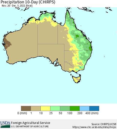Australia Precipitation 10-Day (CHIRPS) Thematic Map For 11/26/2021 - 12/5/2021