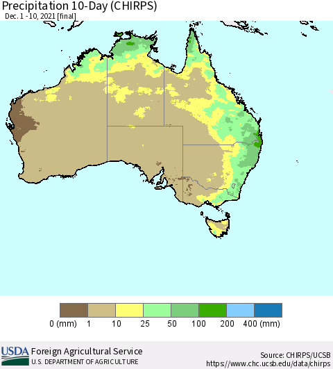 Australia Precipitation 10-Day (CHIRPS) Thematic Map For 12/1/2021 - 12/10/2021