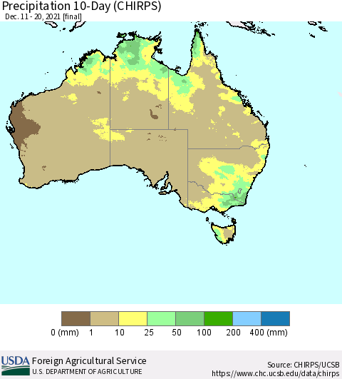 Australia Precipitation 10-Day (CHIRPS) Thematic Map For 12/11/2021 - 12/20/2021