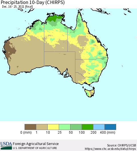 Australia Precipitation 10-Day (CHIRPS) Thematic Map For 12/16/2021 - 12/25/2021