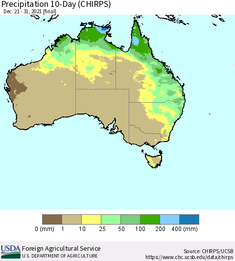 Australia Precipitation 10-Day (CHIRPS) Thematic Map For 12/21/2021 - 12/31/2021