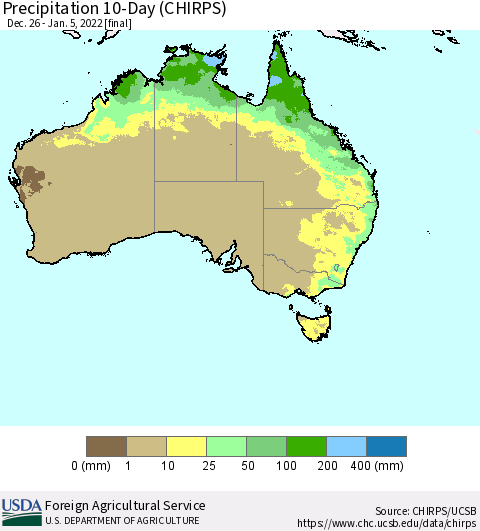 Australia Precipitation 10-Day (CHIRPS) Thematic Map For 12/26/2021 - 1/5/2022