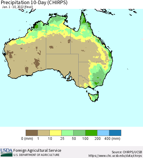 Australia Precipitation 10-Day (CHIRPS) Thematic Map For 1/1/2022 - 1/10/2022