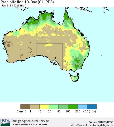 Australia Precipitation 10-Day (CHIRPS) Thematic Map For 1/6/2022 - 1/15/2022