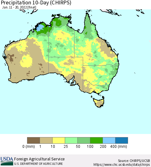 Australia Precipitation 10-Day (CHIRPS) Thematic Map For 1/11/2022 - 1/20/2022