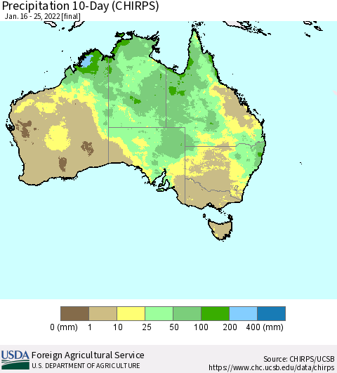 Australia Precipitation 10-Day (CHIRPS) Thematic Map For 1/16/2022 - 1/25/2022