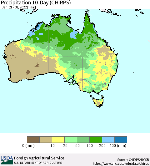 Australia Precipitation 10-Day (CHIRPS) Thematic Map For 1/21/2022 - 1/31/2022