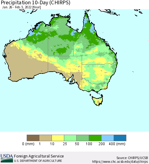 Australia Precipitation 10-Day (CHIRPS) Thematic Map For 1/26/2022 - 2/5/2022