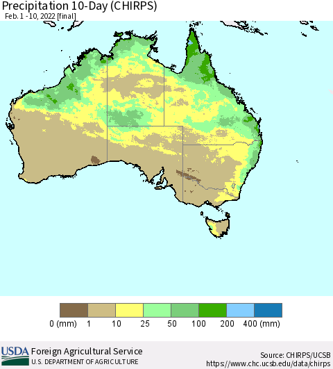 Australia Precipitation 10-Day (CHIRPS) Thematic Map For 2/1/2022 - 2/10/2022